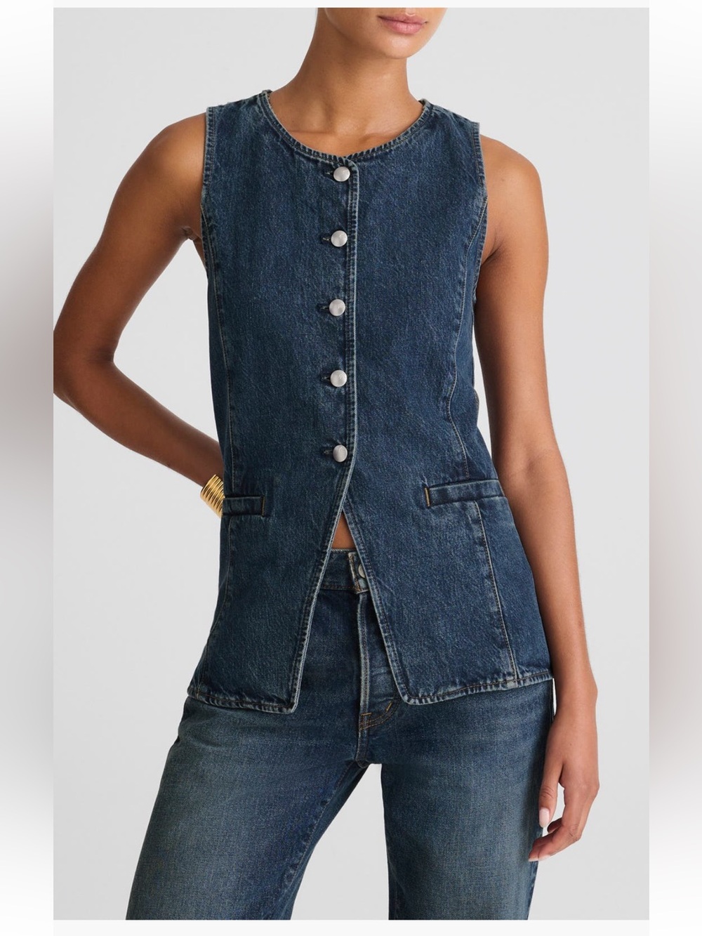 Madewell Crewneck Cutaway Denim Vest, Size 6, Color: Greendale Wash